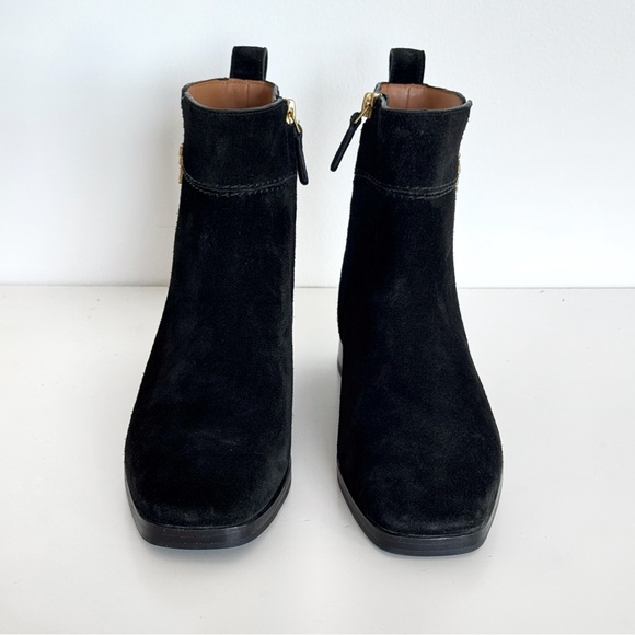 NEW Tory Burch Everly Suede Booties Gold Logo Black Ankle Boots - Picture 5 of 8